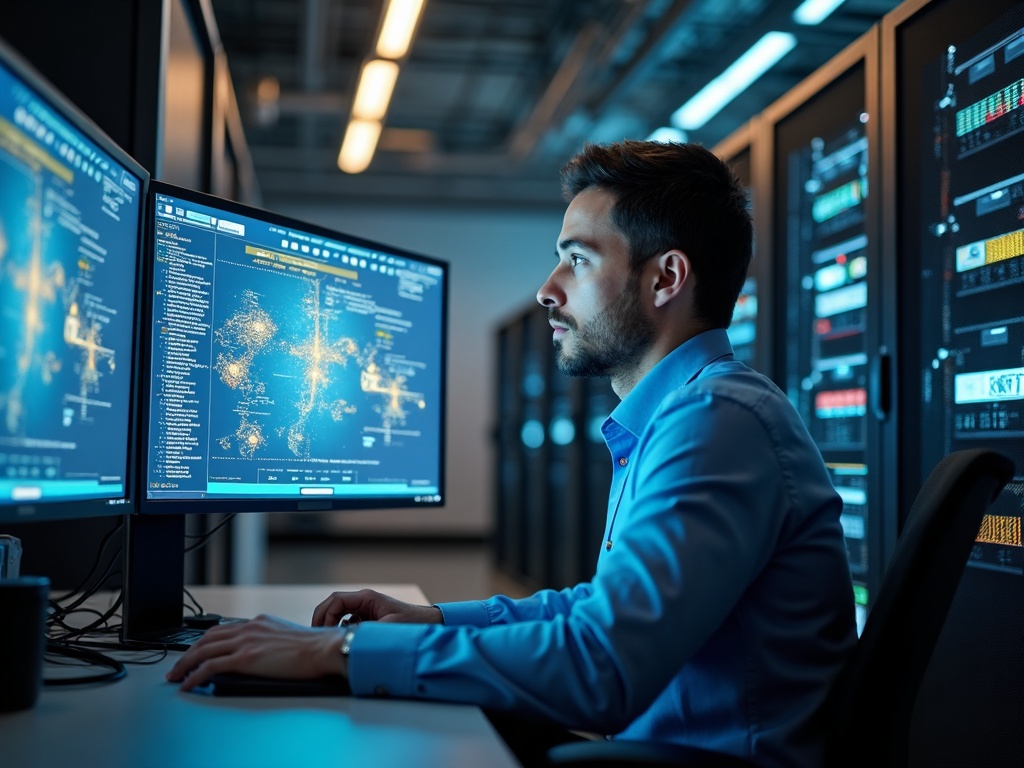 A cybersecurity engineer conducting an assessment of how to assess OT risk in a manufacturing environment, reviewing network diagrams at a control room workstation
