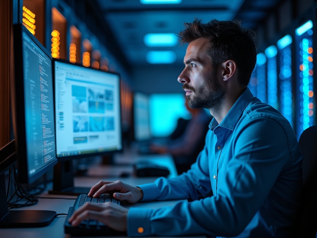 A cybersecurity engineer reviewing privileged access management logs on dual monitors inside a privileged access management operations center