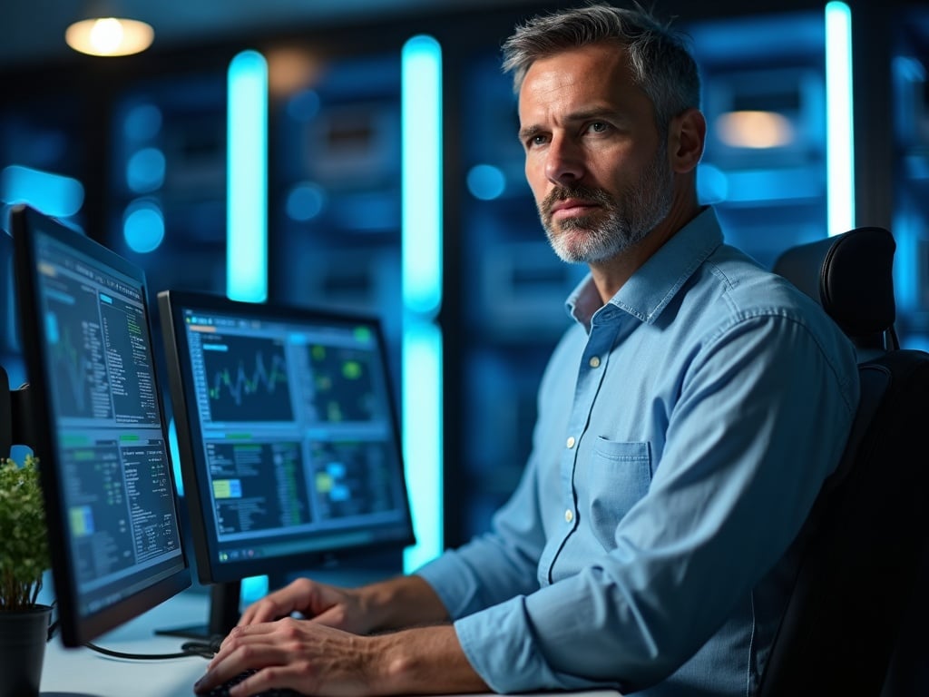 A senior cybersecurity architect reviewing a hybrid cloud security architecture — the kind of hands-on cybersecurity for companies undergoing digital transformation expertise brings to every engagement.