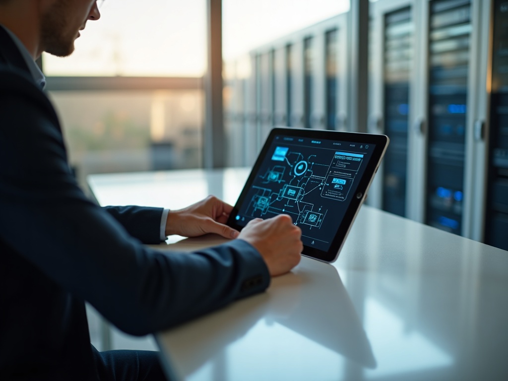 A senior cybersecurity architect reviewing a hybrid cloud security architecture — the kind of hands-on cybersecurity for companies undergoing digital transformation expertise brings to every engagement.