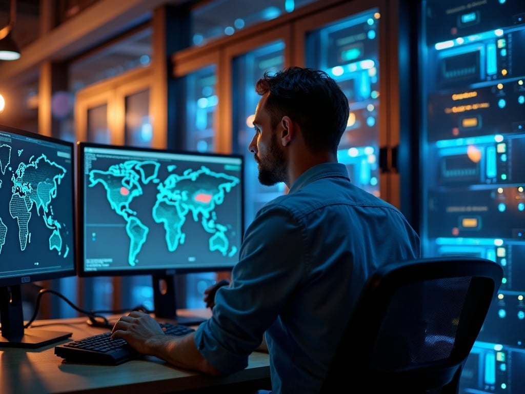 a senior cybersecurity engineer reviewing network security dashboards in a data center — the kind of hands-on long term cybersecurity partnership work delivers in