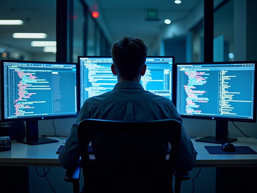 a senior cybersecurity engineer reviewing network security dashboards in a data center — the kind of hands-on long term cybersecurity partnership work delivers in