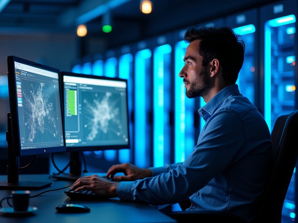 A cybersecurity professional reviewing live network monitoring dashboards during an MSSP transition, demonstrating how to transition from a bad mssp to a better security partner without gaps in coverage