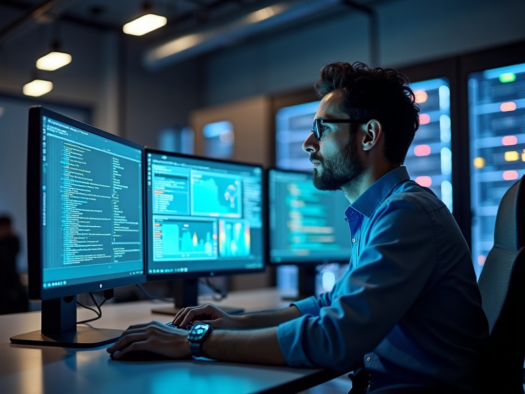 Why the Average Business Doesn't Detect a Breach for Months — and What That Costs You A cybersecurity professional monitors network threat detection dashboards — illustrating how long does it take to detect a breach on average in a real data center environment