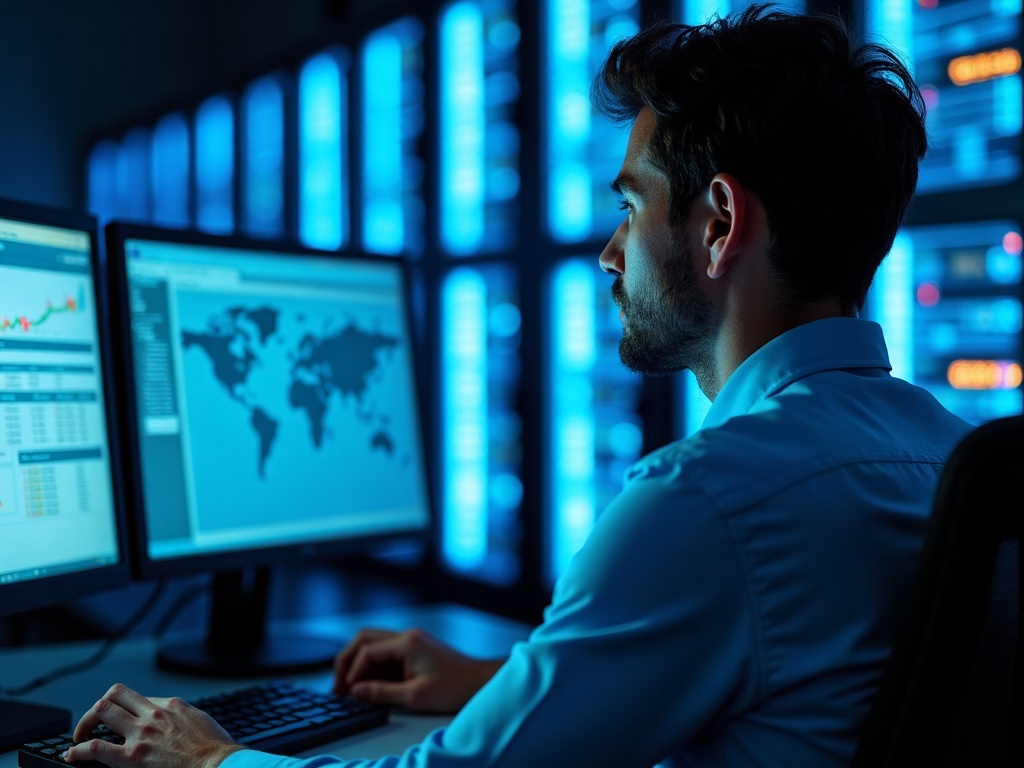A cybersecurity professional monitors network threat detection dashboards — illustrating how long does it take to detect a breach on average in a real data center environment