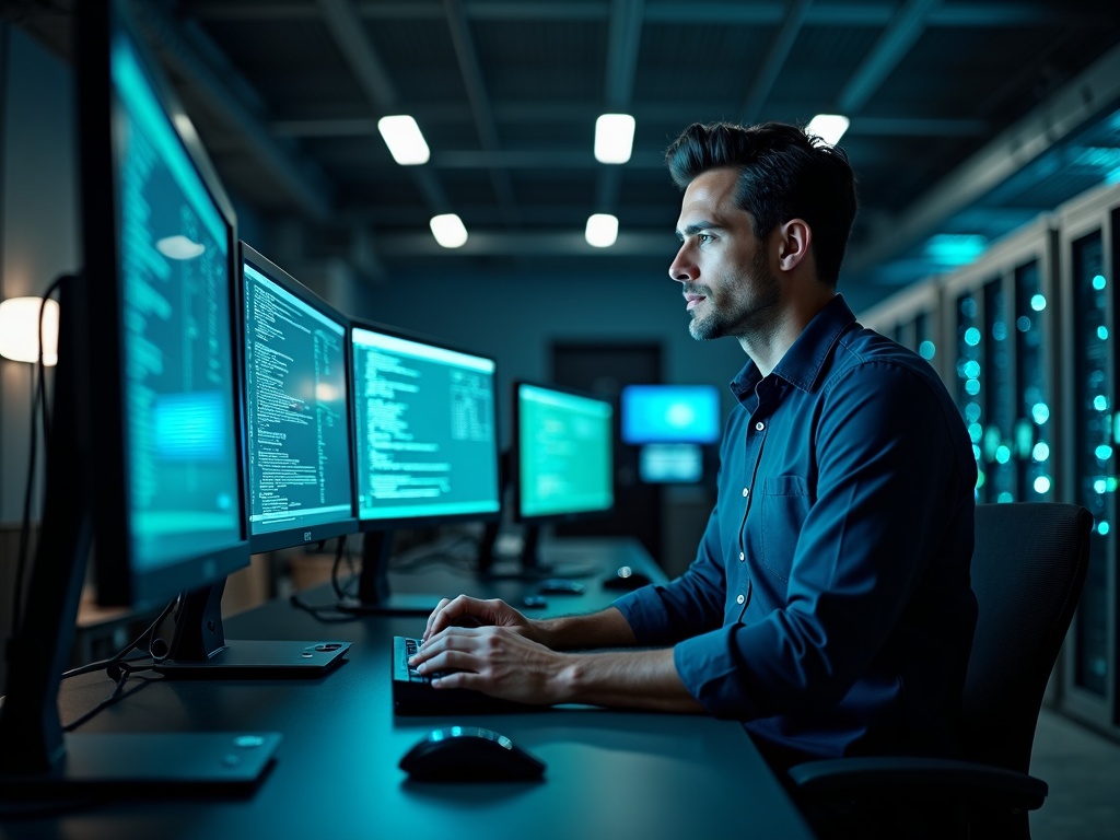 SCADA Security in Arizona: What Industrial Operators Need to Know Right Now A cybersecurity engineer reviewing arizona scada security dashboards in a Phoenix metro industrial control room with server infrastructure visible