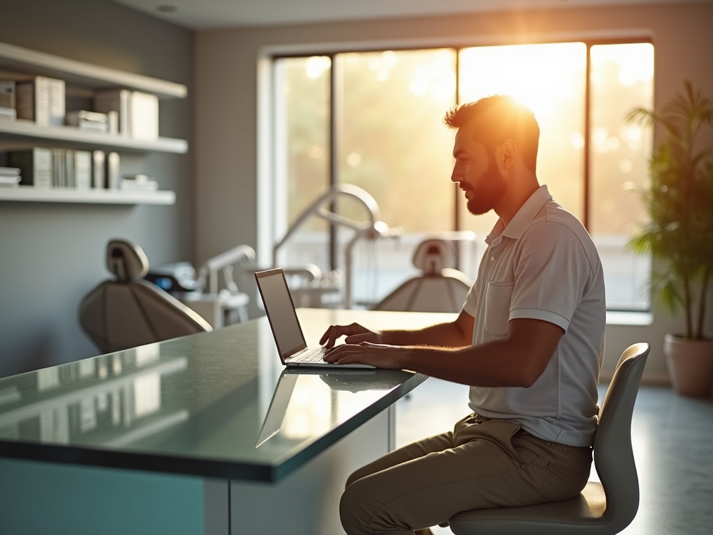 HIPAA Risk Analysis for Dental Offices: What You're Required to Do and Why It Matters A cybersecurity professional reviewing a hipaa risk analysis for dental offices on a laptop at a bright modern dental practice reception desk