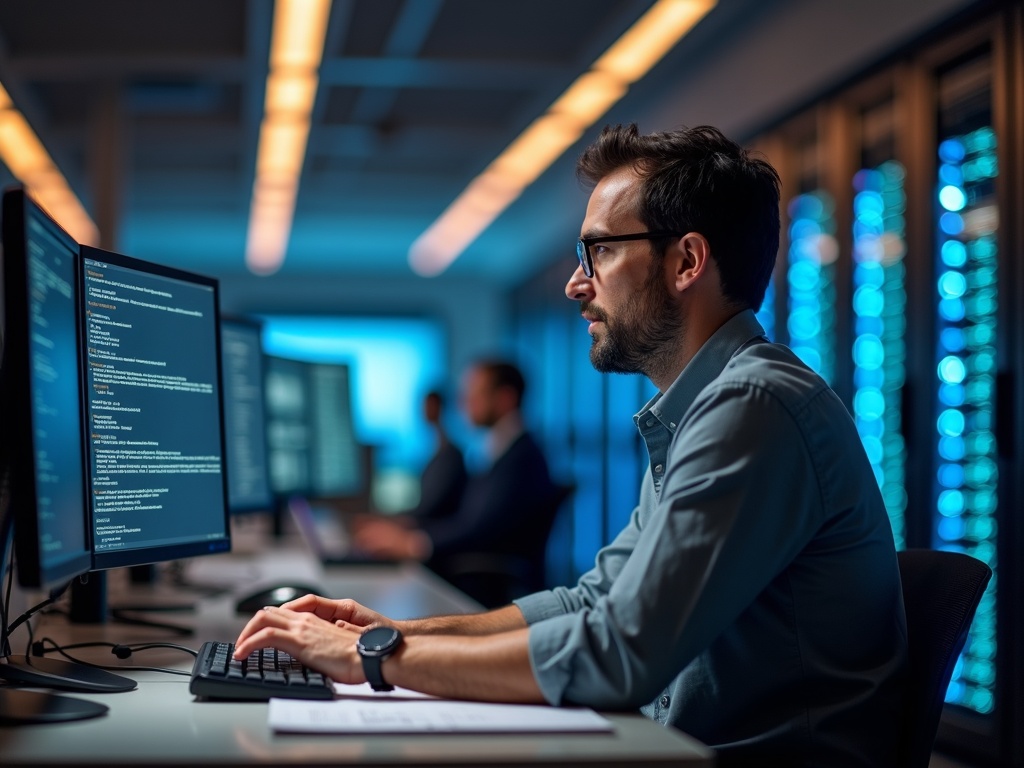 SOC 2 Type 1 vs. Type 2: What's the Difference and Which One Do You Actually Need? A cybersecurity architect reviewing difference between soc 2 type 1 and type 2 audit evidence on dual monitors inside a Scottsdale data center