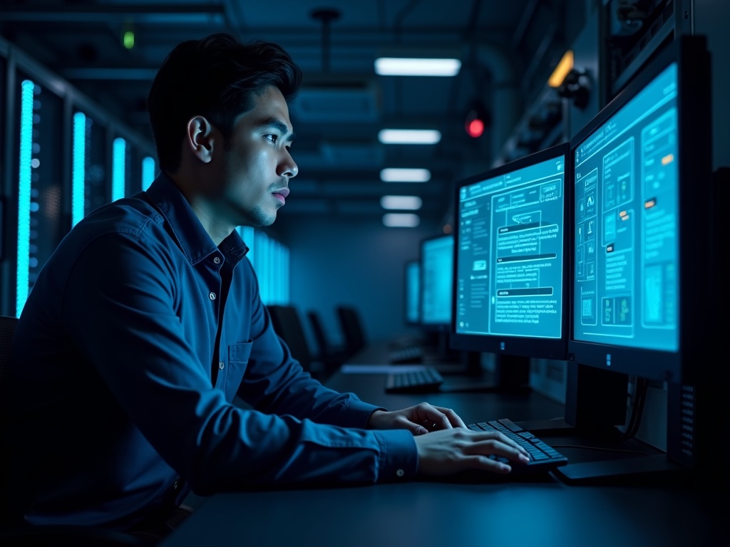 A cybersecurity architect conducting a cyber insurance gap analysis review on a monitor in a Scottsdale office with a server rack visible behind glass