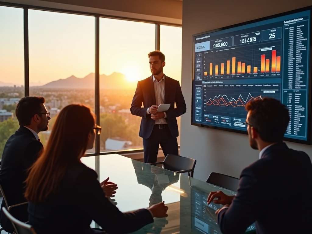How to Explain Cybersecurity Risk to Your Board Without Losing the Room A cybersecurity architect presenting how to explain cybersecurity risk to your board metrics on a dashboard to an executive board in a modern Phoenix-area conference room
