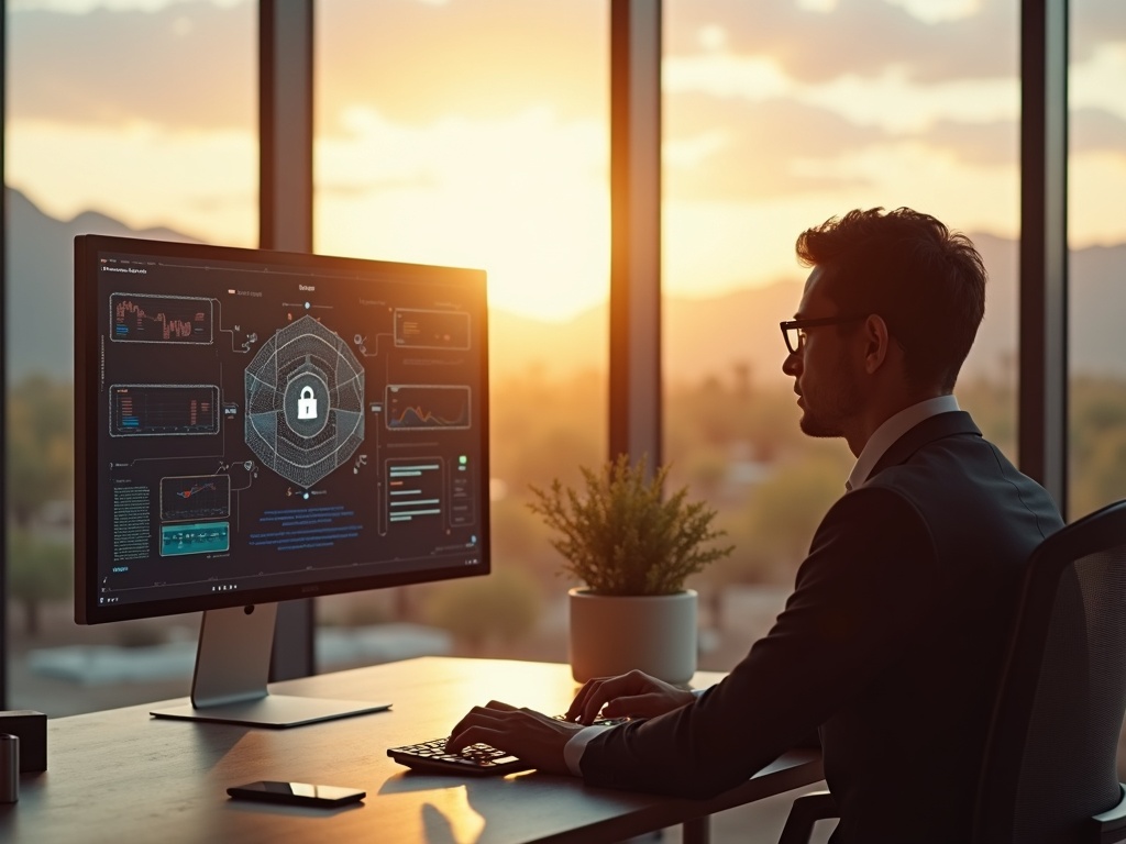 The First 90 Days: A Cybersecurity Checklist for Every New Business in Arizona A cybersecurity architect reviewing a first 90 days cybersecurity checklist for new business on a large monitor in a modern Arizona office with desert cityscape views