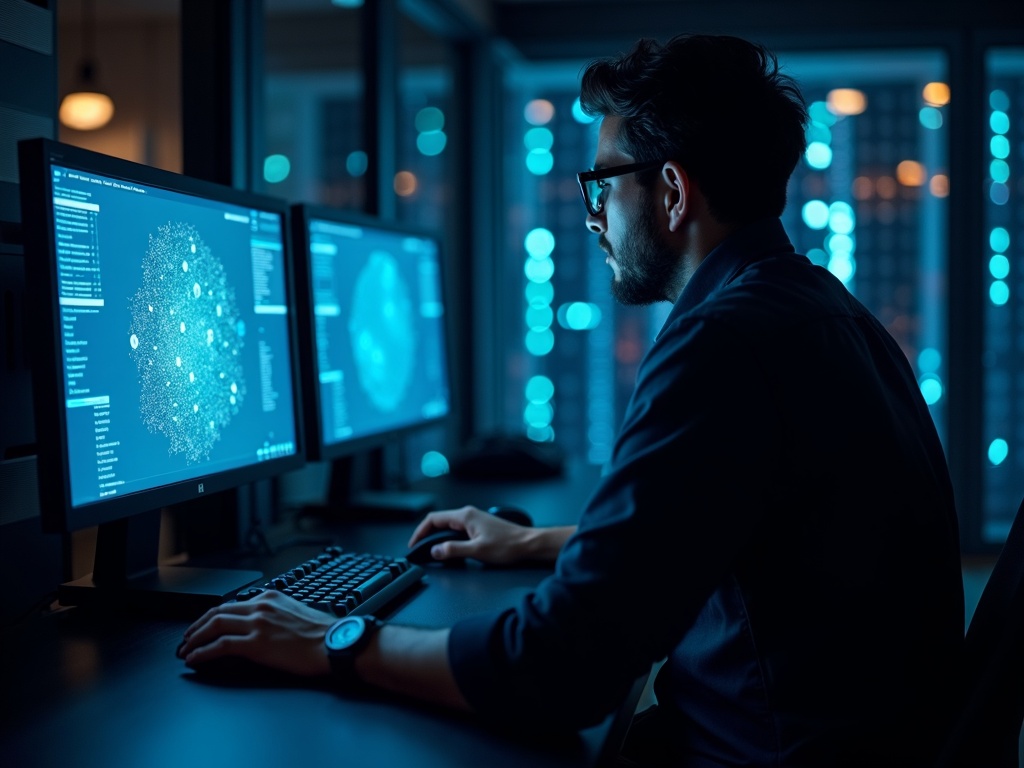 A cybersecurity architect reviewing a first 90 days cybersecurity checklist for new business on a large monitor in a modern Arizona office with desert cityscape views