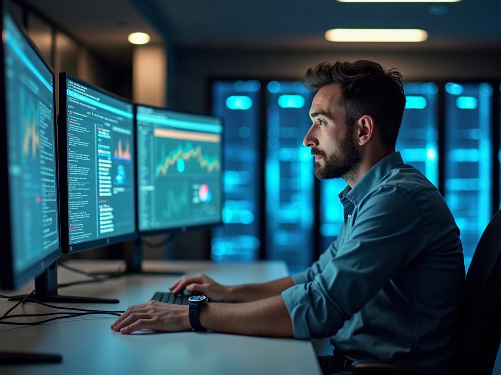 A cybersecurity architect reviewing remote access security dashboards in a why vpn alone is not enough for remote access security assessment session at a Scottsdale data center