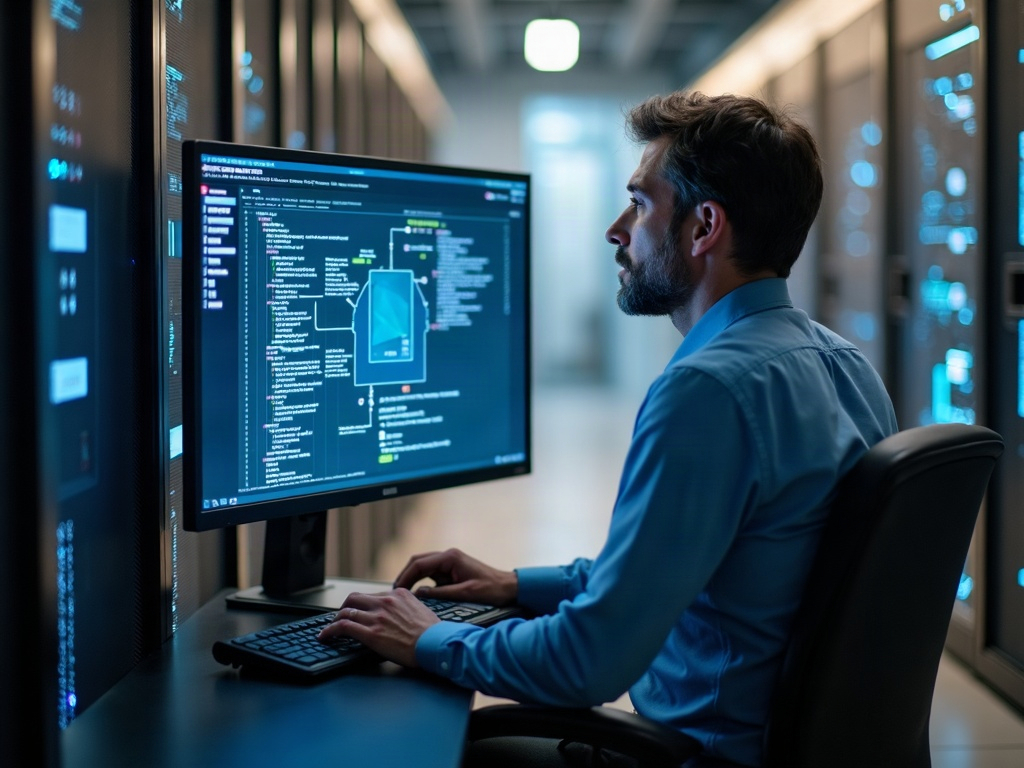 A cybersecurity engineer reviewing network infrastructure in a server room, assessing end of life software security risks across connected business systems
