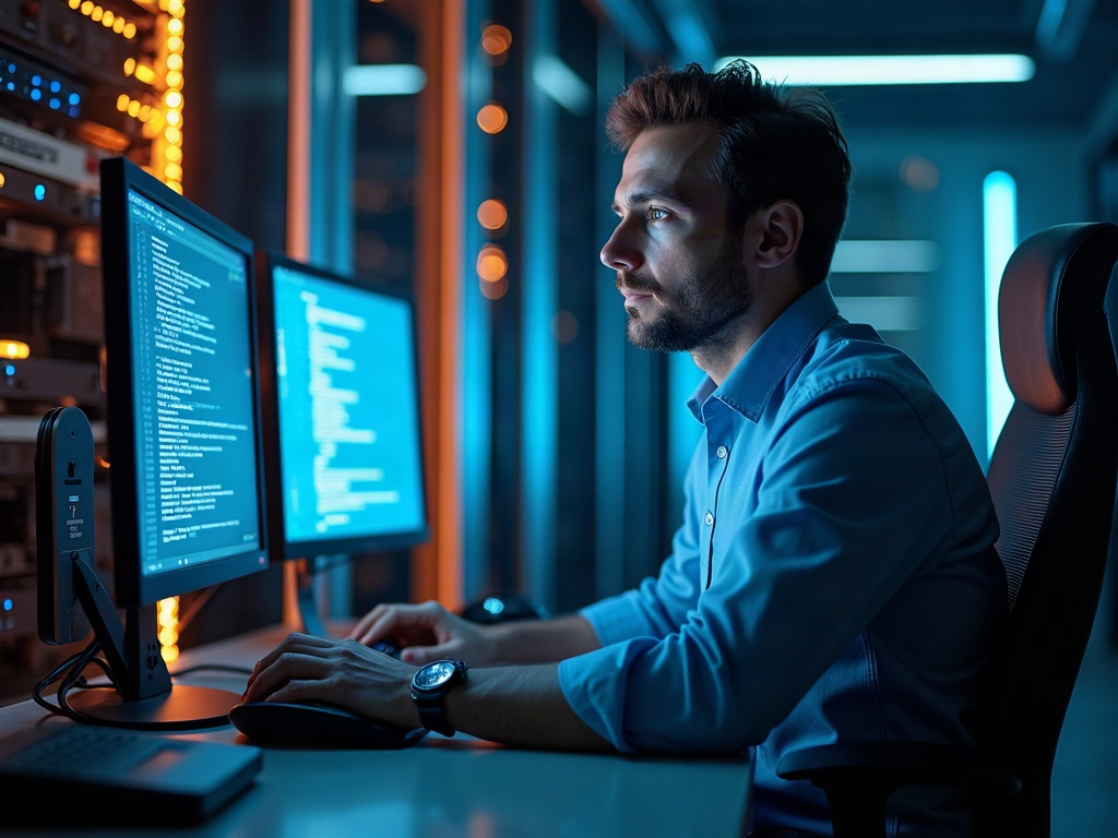 End-of-Life Software: The Security Risk Hiding in Plain Sight on Your Network A cybersecurity engineer reviewing network infrastructure in a server room, assessing end of life software security risks across connected business systems