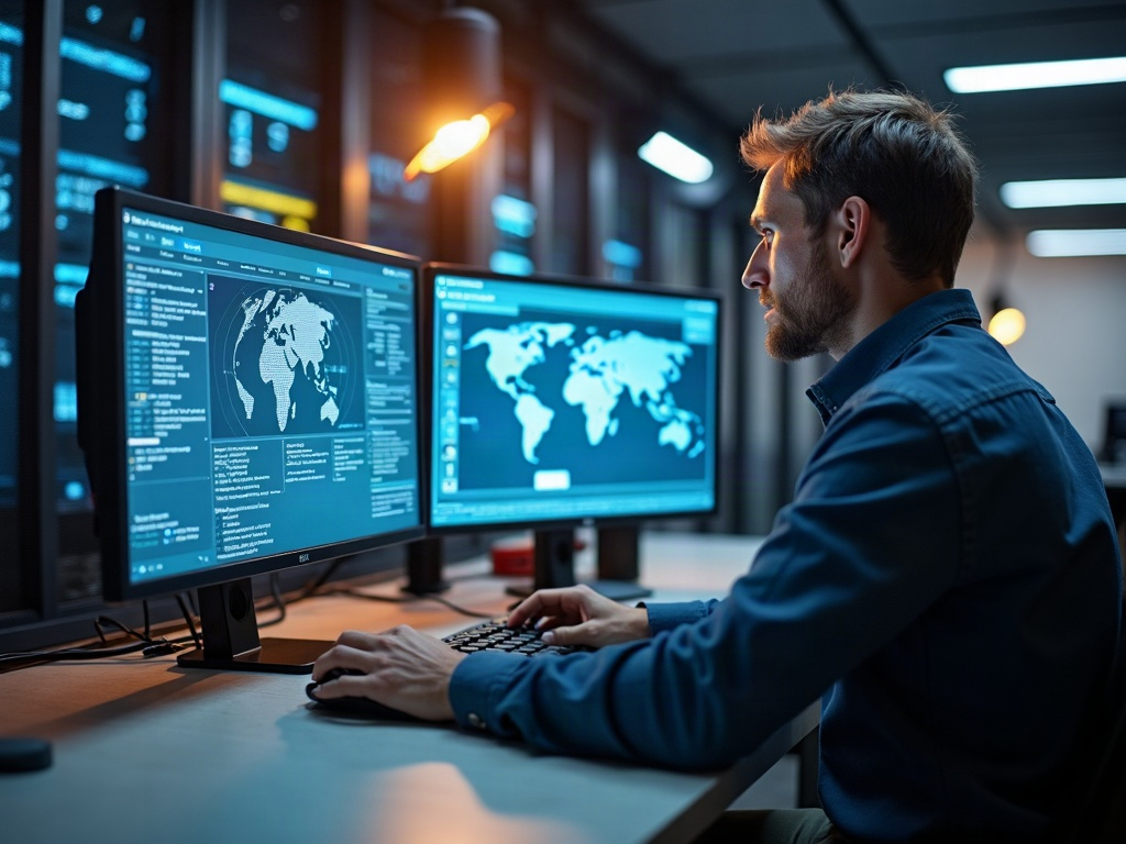 A cybersecurity architect analyzing a zero trust network architecture diagram on dual monitors, evaluating is zero trust right for my business inside a professional data center environment