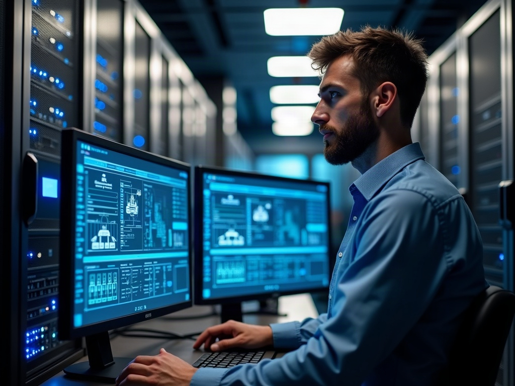 A cybersecurity architect reviewing network and OT system diagrams in a Scottsdale data center, illustrating the complexity of cybersecurity for companies with both IT and OT environments