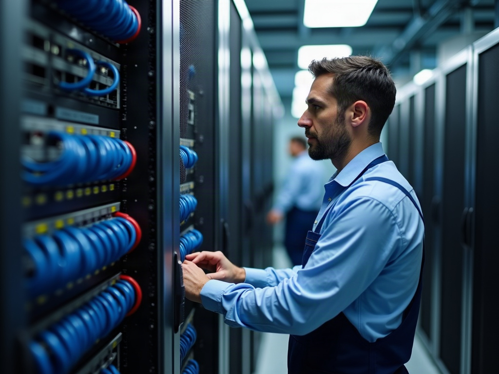 A cybersecurity architect reviewing network and OT system diagrams in a Scottsdale data center, illustrating the complexity of cybersecurity for companies with both IT and OT environments