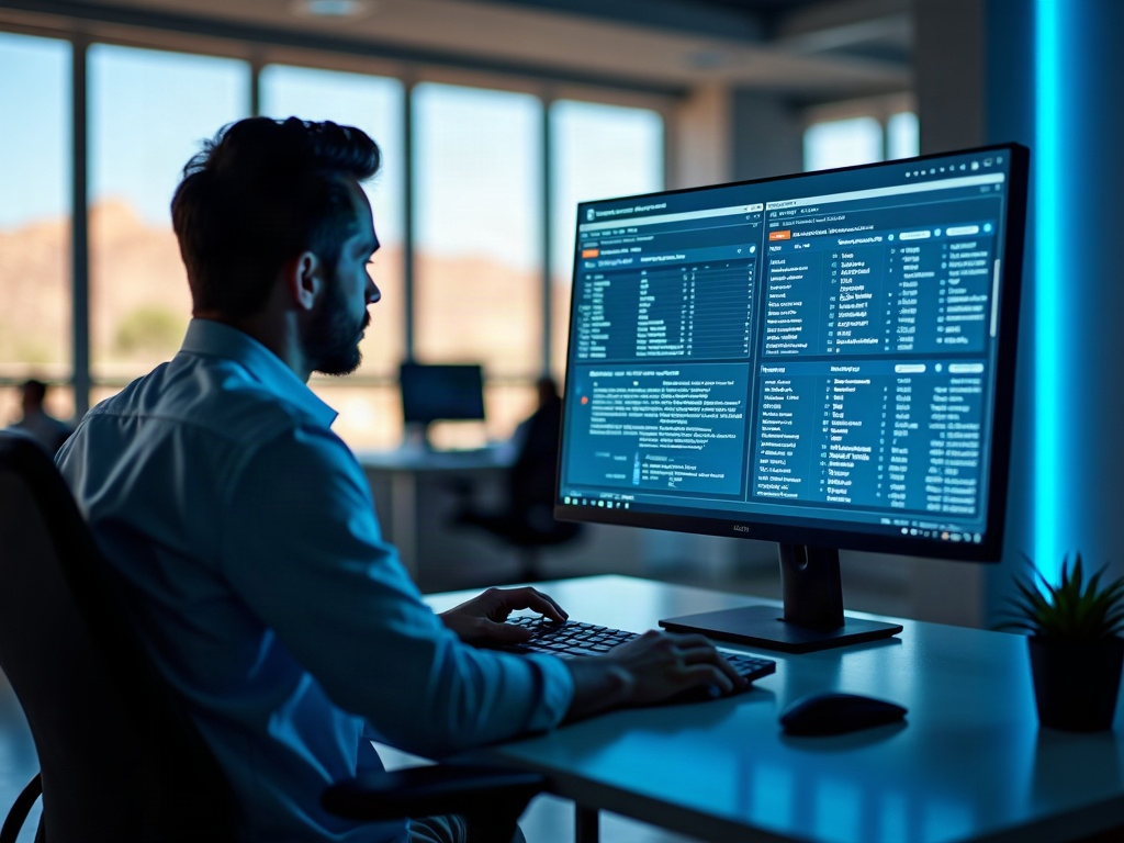 A cybersecurity architect reviewing network and OT system diagrams in a Scottsdale data center, illustrating the complexity of cybersecurity for companies with both IT and OT environments