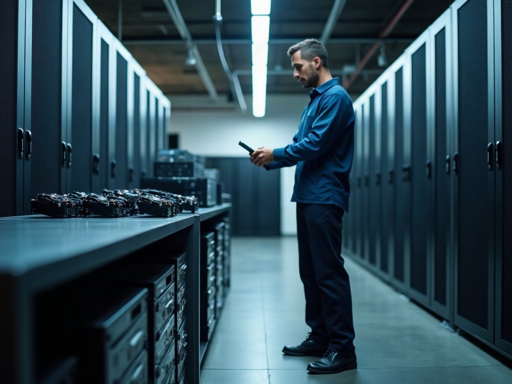 A cybersecurity specialist reviewing decommissioned hard drives at a Phoenix metro data center facility as part of certified hard drive destruction services