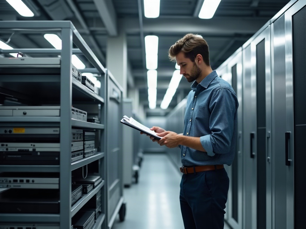 A cybersecurity specialist reviewing decommissioned hard drives at a Phoenix metro data center facility as part of certified hard drive destruction services