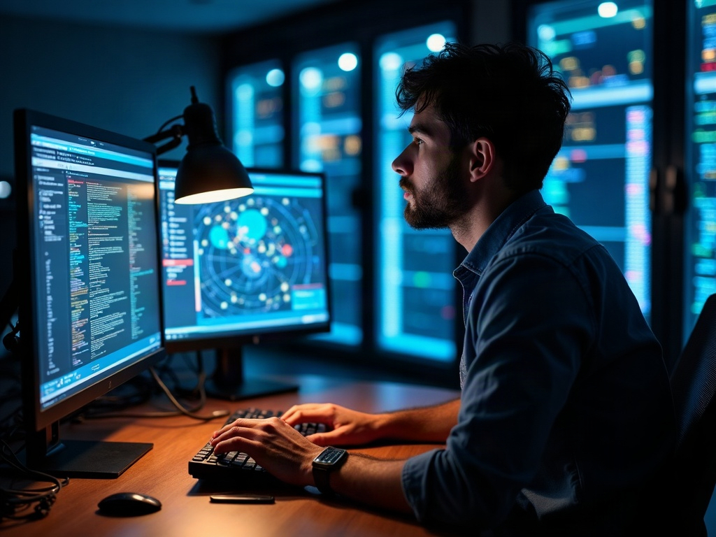 Human-Led Security vs. Automated Tools: Why the Difference Matters When You're Under Attack Senior cybersecurity professional reviewing live threat dashboards at night — human-led cybersecurity services making real-time decisions that automated tools alone cannot replicate