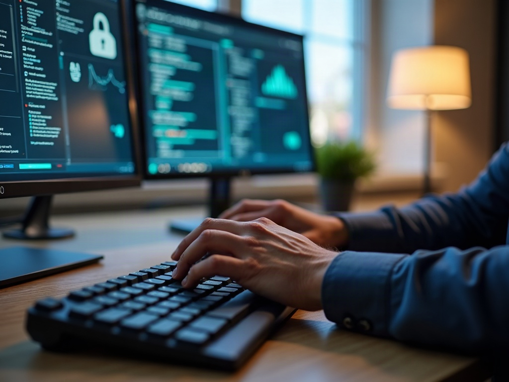 A cybersecurity professional reviewing live network threat dashboards as part of a data breach prevention strategy in a modern Scottsdale office