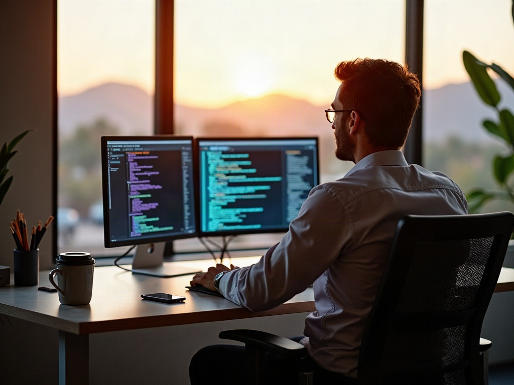 A cybersecurity professional reviewing encrypted client financial records on secure monitors, representing cybersecurity for arizona cpa firms in a modern Scottsdale office setting