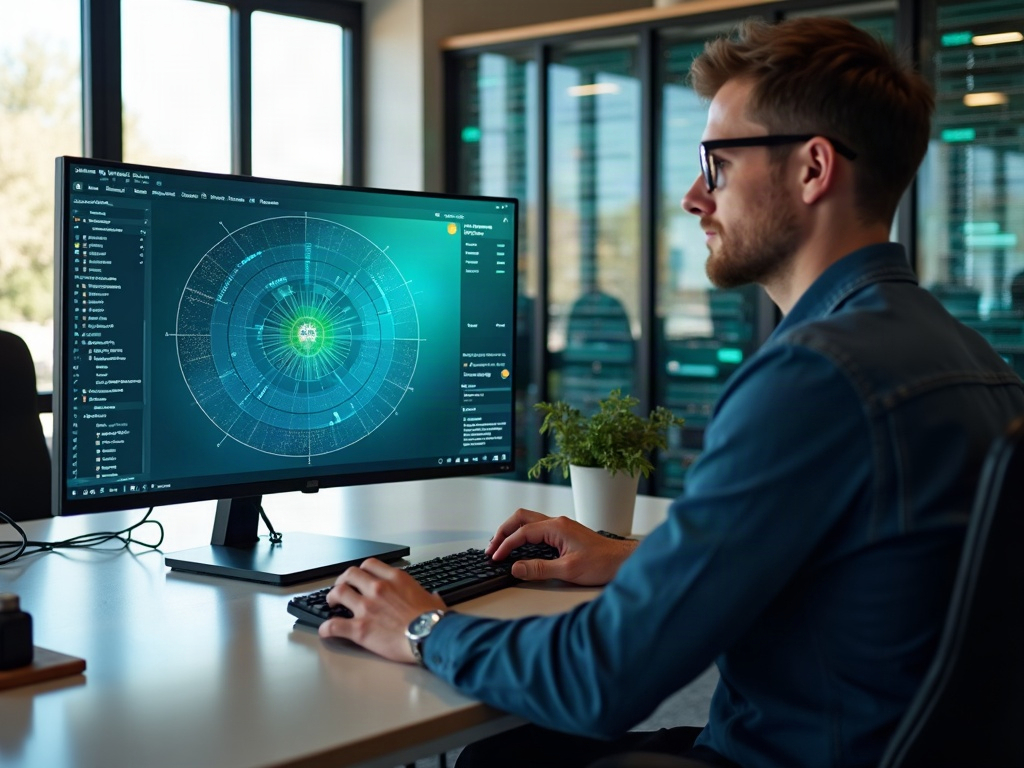 A cybersecurity professional reviewing encrypted client financial records on secure monitors, representing cybersecurity for arizona cpa firms in a modern Scottsdale office setting