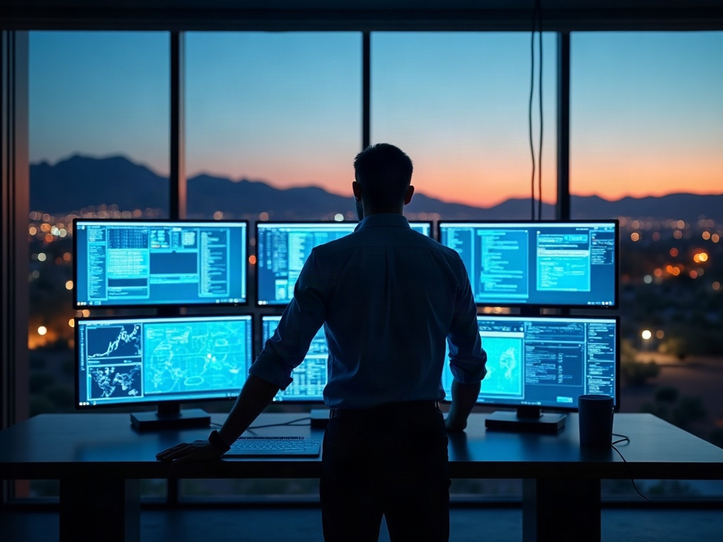 A cybersecurity architect reviewing SCADA dashboards in a operations center, demonstrating hands-on cybersecurity for arizona utility companies work protecting utility infrastructure