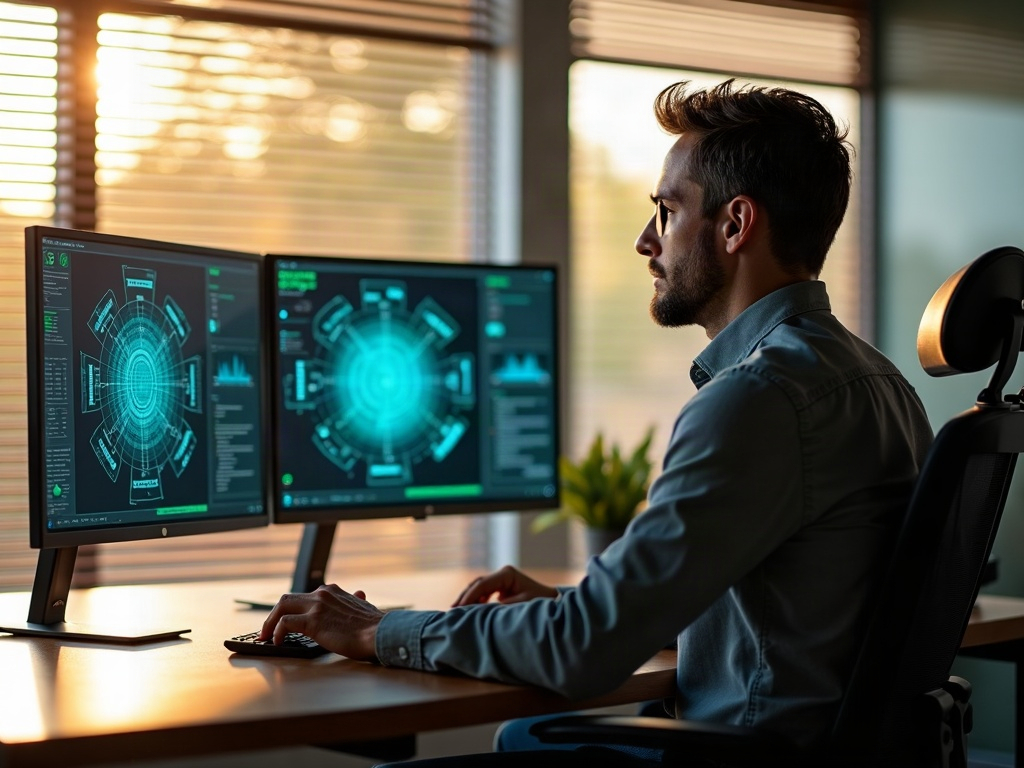 A cybersecurity architect reviewing SCADA dashboards in a operations center, demonstrating hands-on cybersecurity for arizona utility companies work protecting utility infrastructure